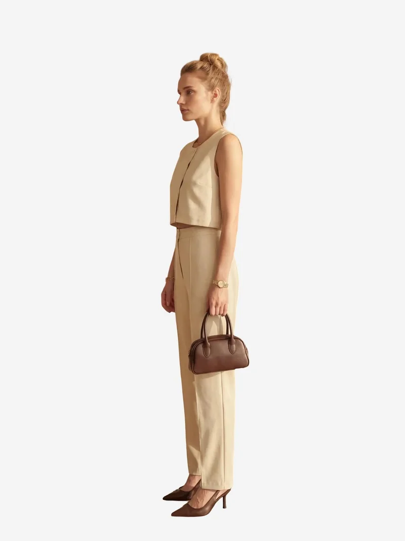 My Fashion Beige Natural MY FASHION Crew Neck Crop Vest & High Waist Pants Two-Piece Set for Women | Best Price UAE